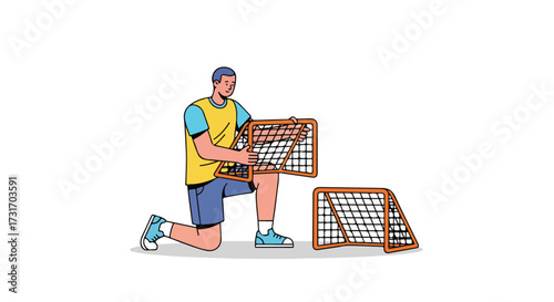 Man assembling a mini soccer goal in an illustrated style ready for a backyard game or practice session, showcasing recreation
