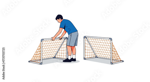 Setting up a mini soccer match: A man assembling portable soccer goals for a friendly game preparation activity under bright lighting anticipation