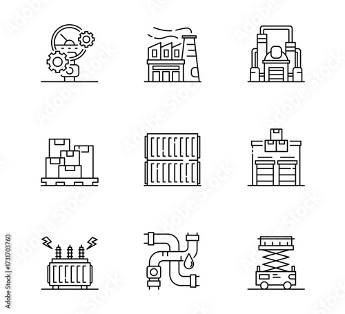 Set of Industry icon, Pollution, Packaging, Factory, Warehouse thin line and pixel Symbol Outline icon Editable Stroke