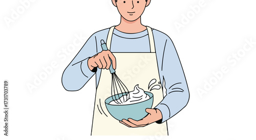 A pastry chef is preparing a delightful dessert, stirring cream with passion in a serene kitchen environment, radiating culinary joy and skill