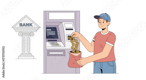 Illustrative Depiction of a Man Depositing Coins into an ATM with Bank Facade on a White Background