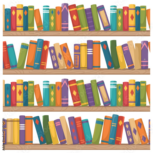 Colorful Book Spines on Bookshelf,  Flat Vector Illustration of Library Collection, Knowledge, Education, and Study Materials for Creative Design, School, Classroom, and Learning Projects