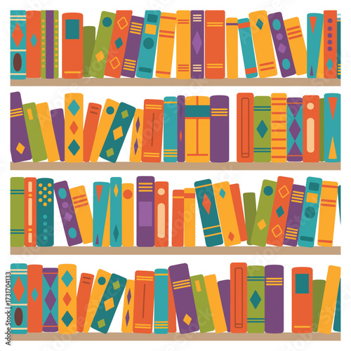 Multicolored Bookshelf Illustration,  Flat Style Vector with Stacked Book Spines, Education and Knowledge Concept for Print, Poster, Website, Infographic, and Learning Materials Design