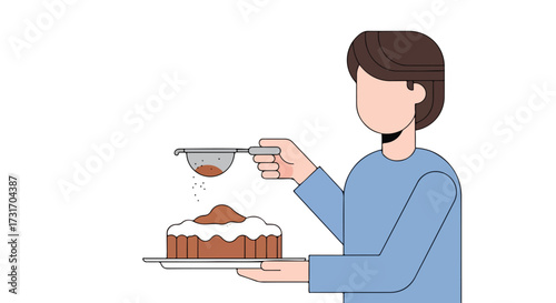 Minimalist illustration depicting a person finishing a cake with a dusting of cocoa powder adding a touch of sweetness to the culinary creation