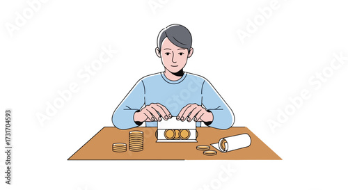 Illustration of a diligent individual meticulously organizing and wrapping coins at a desk for effective financial management and savings planning