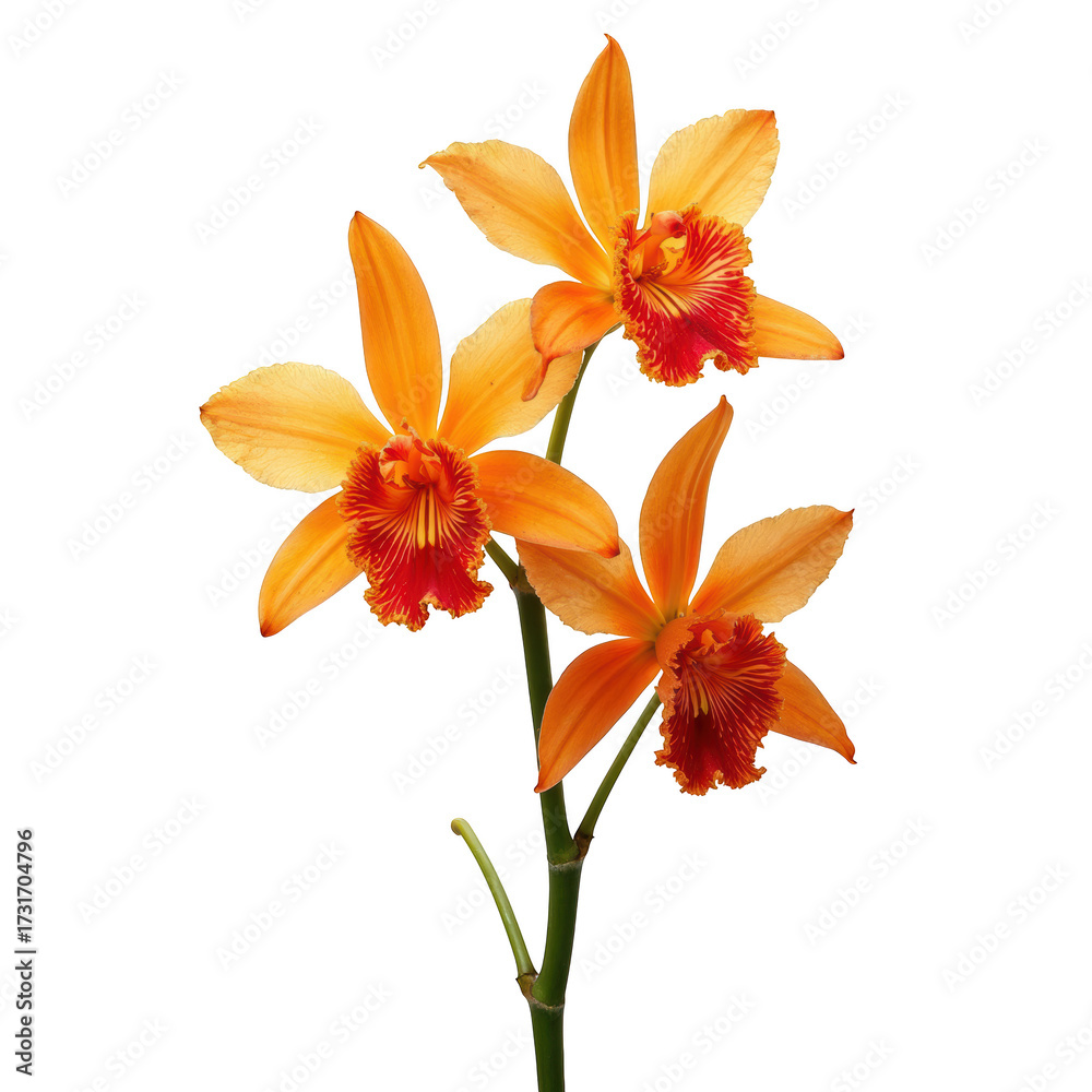 Fototapeta premium Vibrant orange orchid with three blooming flowers on green stem, showcasing delicate petals and intricate red patterns