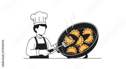 Illustrative scene of a chef preparing empanadas in a skillet, showcasing culinary arts with a simple design portraying domestic cuisine production