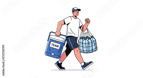 Team support concept: Animated character carrying supplies for a sporting event or practice session featuring a cooler and bag full of water bottles