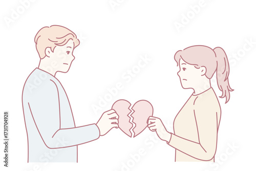 Unhappy couple holding broken heart suffer after breakup or split. Upset man and woman break up relationships. Love end and family divorce. Vector illustration.