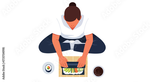 Woman carefully crafting traditional sushi rolls on a bamboo mat at home with precision and passion