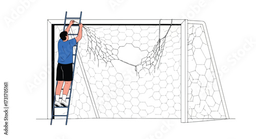 Illustration depicting a man on a ladder repairing a damaged soccer goal net using skill and agility, showing the process of equipment upkeep and