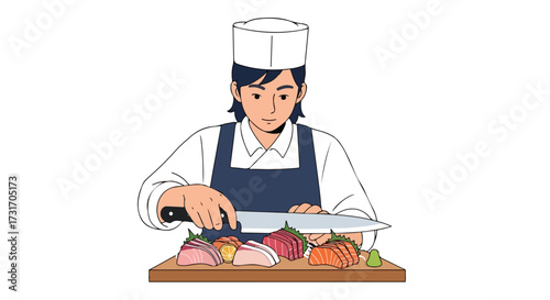 Illustrative depiction of a chef meticulously slicing fresh fish for sushi preparation, showcasing culinary skills and food preparation artistry