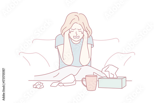 Unhappy young woman sit on couch at home crying suffering from depression or life problems. Sad girl feel down distressed alone. Breakup and mental trouble. Vector illustration.