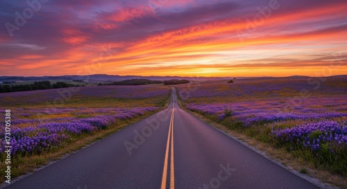 Scenic road leading into sunset over field landscape horizon dramatic sky nature photography