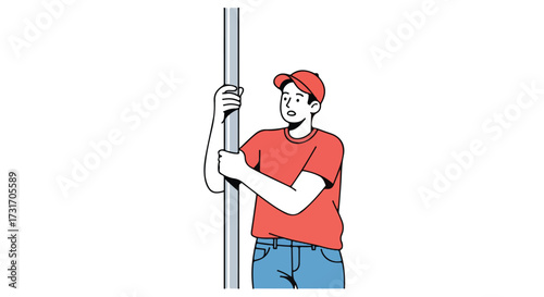 Drawn man with surprised expression clutches a gray pole against a bright background graphic representation, illustration of emotional surprise and