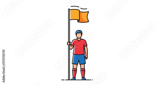 Cartoon illustration of a goal-oriented soccer player holding a vibrant yellow flag atop a pole on a white canvas