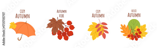 Autumn vibe illustration set with umbrellas, berries, and leaves in warm tones isolated on white background. Seasonal collection for fall greeting cards, cozy invitations, and decorative design