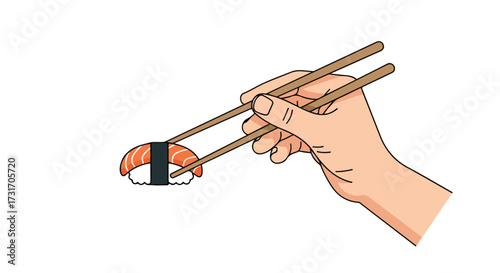 Elegant illustration of a hand holding sushi with chopsticks ready to savor delicious flavors Japanese cuisine delight minimal design aesthetic