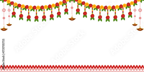 Vector illustration of beautiful marigold flower garland with diya on transparent background