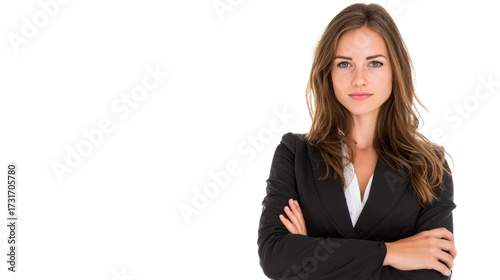Confident business woman with crossed arms, isolated on white background.