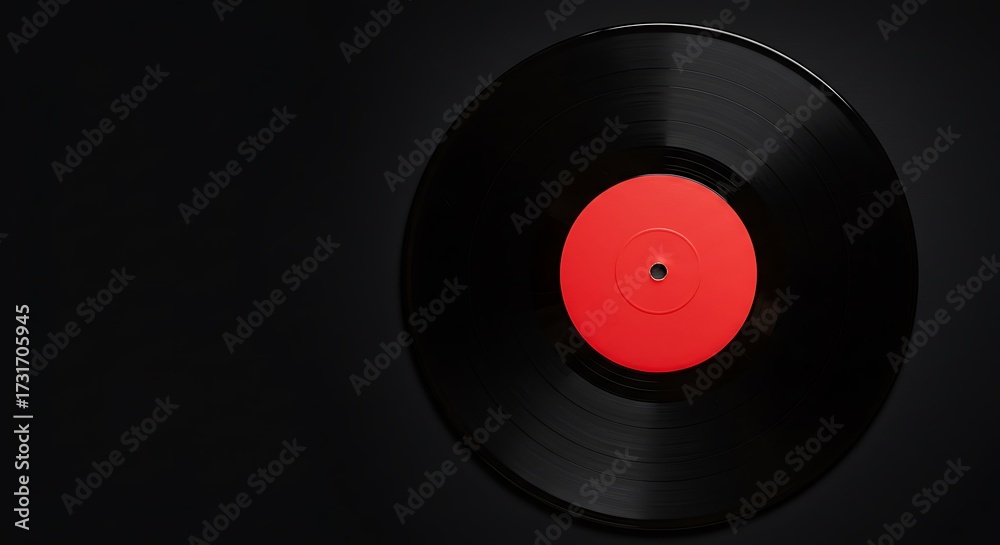 Fototapeta premium Close-up of a black vinyl record with a bright red center label on a dark background