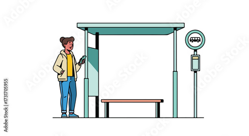 Urban commuter at bus stop checking transit app on her smartphone in a modern flat style illustration scene