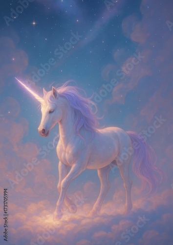 Magical unicorn amidst dreamy clouds.