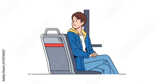 Young man on train staring wistfully out the window while seated on public transport and traveling on a commute