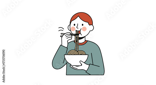Delightful noodle indulgence: A charming cartoon depiction of a person joyfully savoring a bowl of noodles with chopsticks in a minimalist style