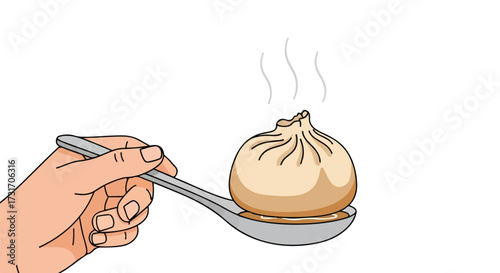 Hand delicately holding a steaming soup dumpling on a spoon, ready to be savored in a culinary experience showcasing food art