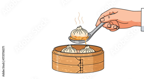 Delicate xiao long bao being carefully served with a spoon from a traditional steamer basket illustration