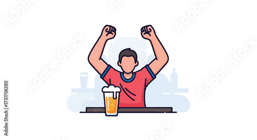 Enthusiastic sports fan celebrating victory with beer at bar illustration graphic art