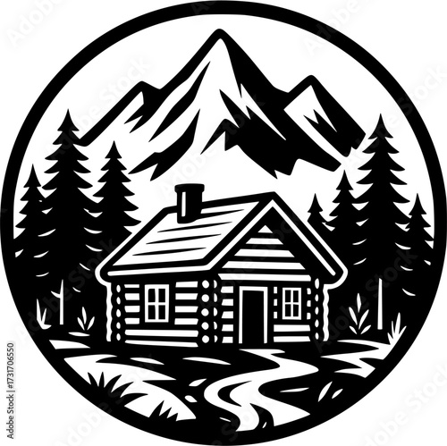 Black and white illustration of a cabin in the mountains with trees inside a circle border on transparent background