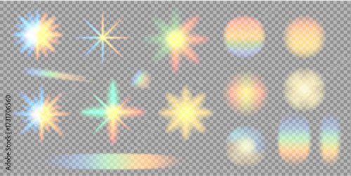 Set of glowing rainbow light star effects with prism reflections on transparent background. Colorful crystal glare. Crystal rainbow reflection. Perfect for overlays, digital design, and decoration