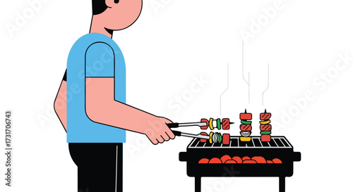 Illustrated depiction of a man grilling colorful vegetable and meat skewers at an outdoor barbeque party enjoying summer cooking outdoors