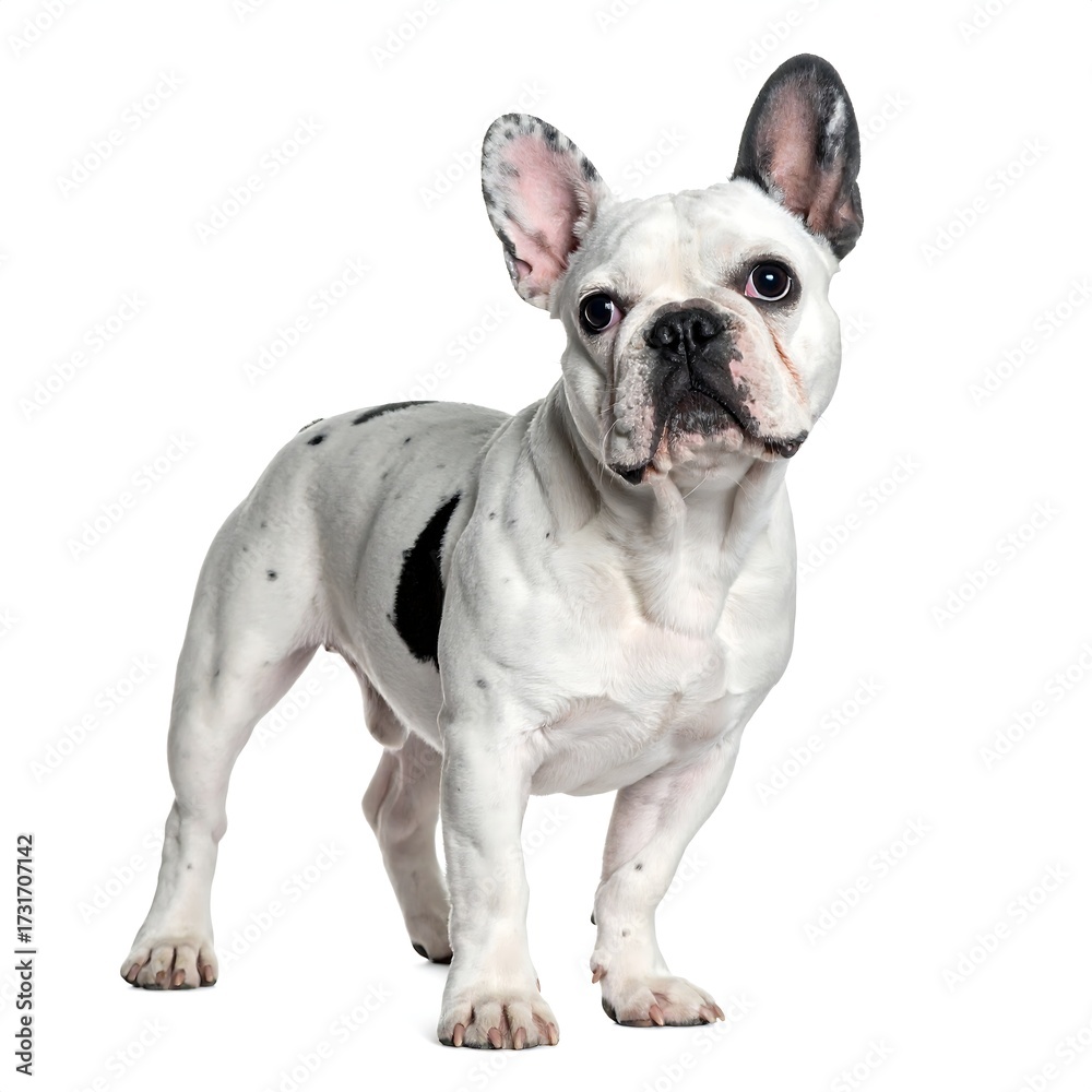Fototapeta premium A white and black French Bulldog stands against a white background