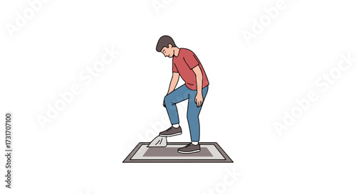 Illustrated depiction of a person stepping on a shoe-cleaning device on a door mat in a minimalistic style, showcasing hygiene practice and