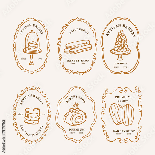 Whimsical hand drawn retro pastry logo set