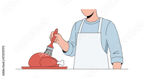 Stylized illustration of a cook preparing a roast turkey, highlighting culinary preparation and seasonal traditions, with a clean and modern aesthetic