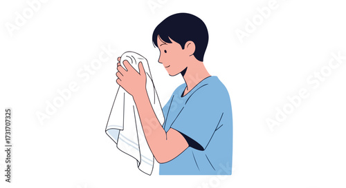 Young man drying hands with a white towel, hygiene and personal care concept demonstration, sanitation tutorial, clean lifestyle routine illustration
