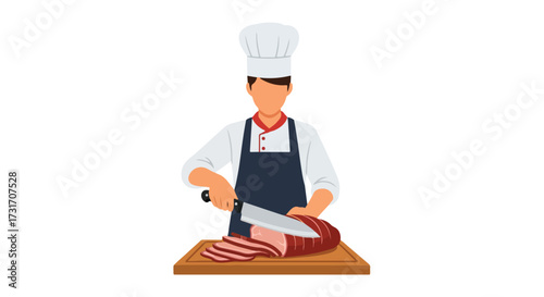 Culinary expert skillfully slicing seasoned meat for gourmet creations in pristine white uniform on clean background culinary excellence is on display