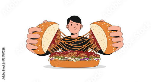 Comical illustration displaying a man sandwiched between a giant sandwich layers revealing a juicy culinary creation that is both mouthwatering and