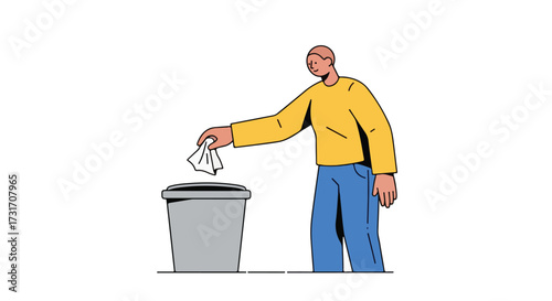 Man disposing of waste paper into a grey trash bin, emphasizing environmental responsibility and waste management in a minimalist illustration