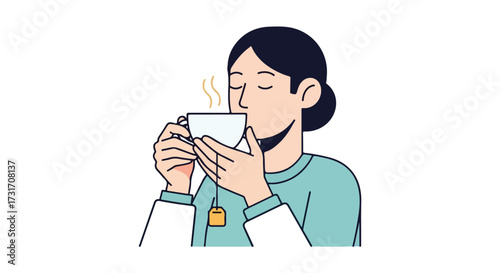 A serene illustration portraying a woman peacefully enjoying a cup of hot tea against a clean white backdrop