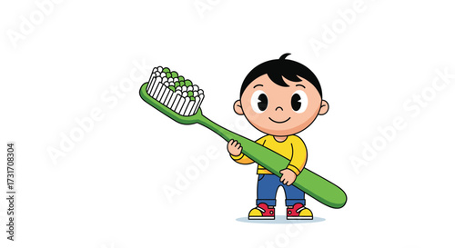 A little boy is holding a big toothbrush with toothpaste on it.