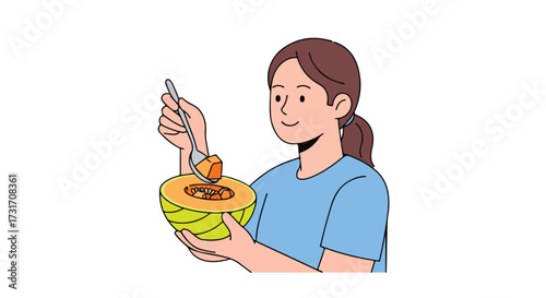 Cheerful woman enjoying a healthy melon snack, savoring the sweetness with a spoon on a bright white background showing proper nutrition
