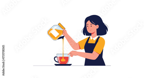 Illustration depicting a woman pouring honey from a jar into a teacup, suggesting a comforting and wholesome moment of beverage preparation and