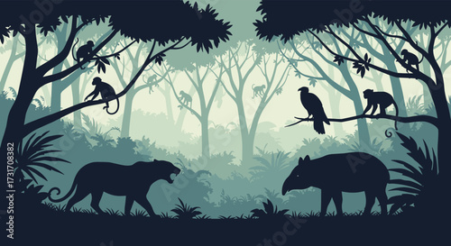 A detailed pixel art depiction of a vibrant jungle ecosystem teeming with diverse wildlife and lush vegetation.