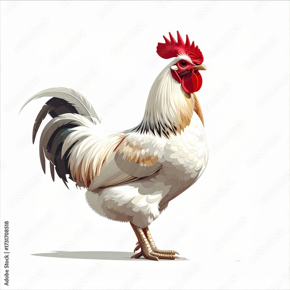 Fototapeta premium A white rooster with a red comb stands proudly on a plain background with its feathers in sharp detail