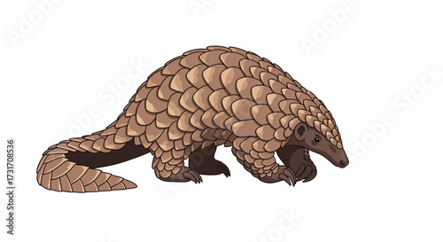 A textured pangolin walks along on its hind legs.